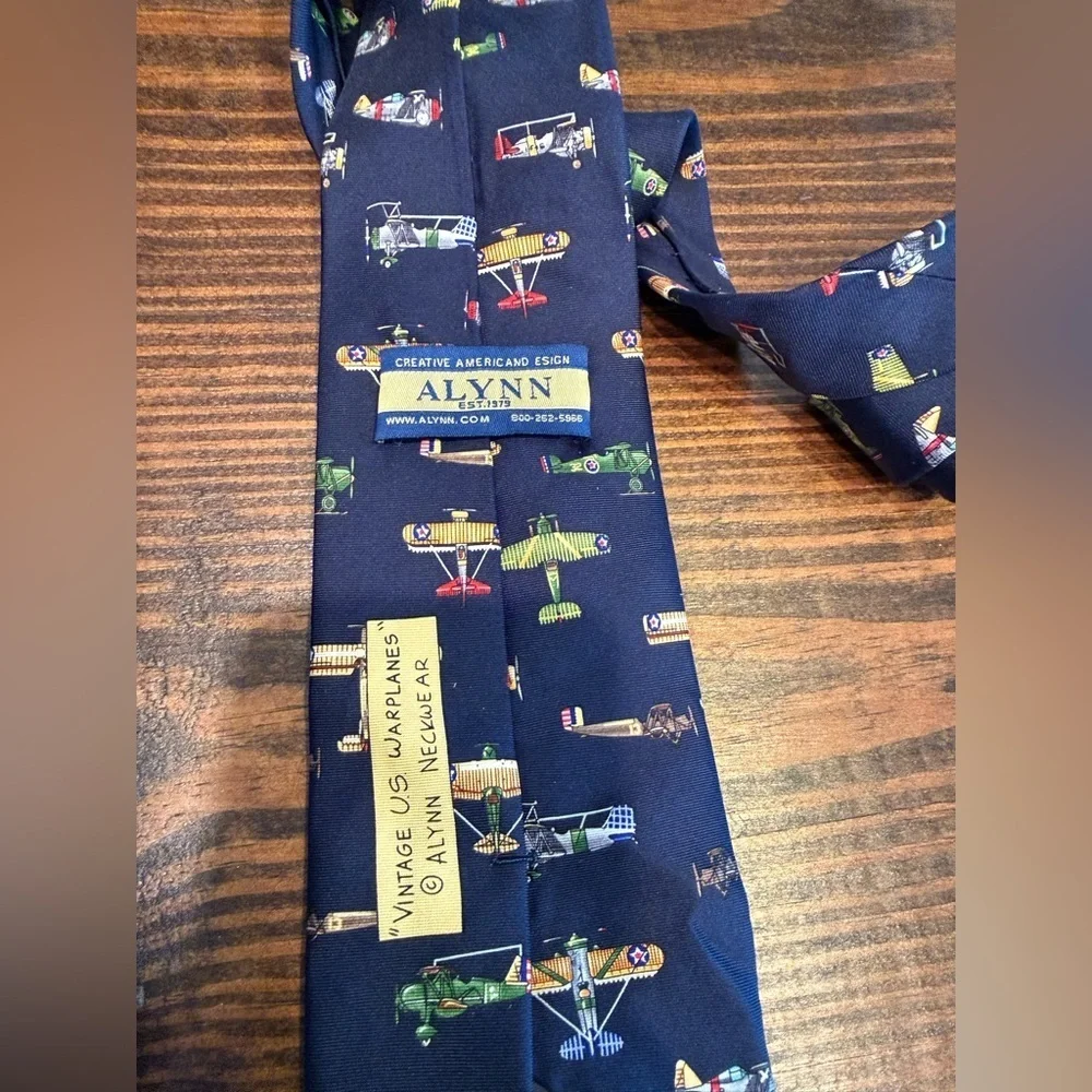 Vintage Alynn 100% Silk Tie U.S. Warplanes Navy Blue Air Force Military Print